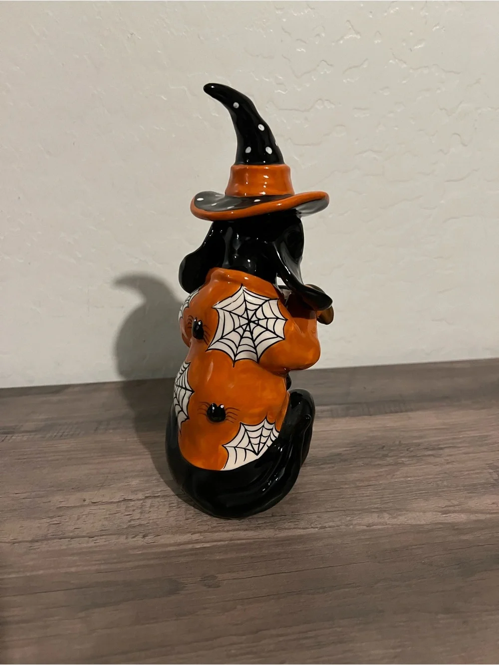 Blue Sky Halloween Witch Dachshund Figurine in Orange and Black Witch Costume